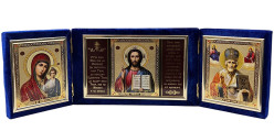 Ikona v sametu zlatá Nikolaj a Kazanskaja 12x40cm skládací 3(modrá)