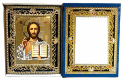 Ikona dřevěná Spasitel 15x18cm v modrém pouzdře