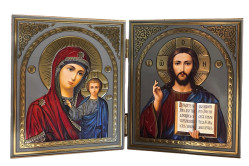 Ikona dřevěná dvojitá 12x20cm Kazanskaja a Spasitel (spasi i sochrani)