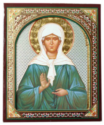 Ikona dřevěná Matrona 10x12 cm v pouzdře (modré pozadí)