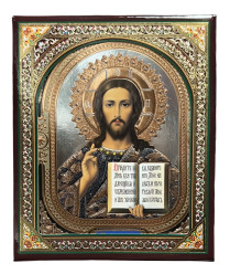 Ikona dřevěná Spasitel 10x12cm v pouzdře (střibrné pozadí)