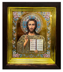 Ikona dřevěná se sklem 17x20 cm Spasitel (zlatá)