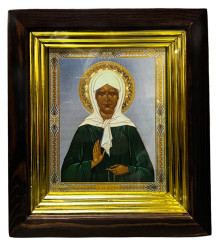 Ikona dřevěná se sklem 15x18cm Matrona (modré pozadí)