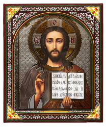 Ikona dřevěná Spasitel 15x18cm v pouzdře (stříbrné pozadí)