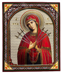 Ikona dřevěná Semistrelnaja 15x18cm v pouzdře (zlaté pozadí)