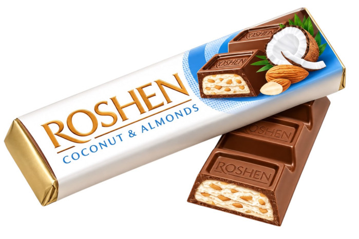 detail Mléčná čokoláda s kousky mandlí a kokosovou náplní 38g Roshen