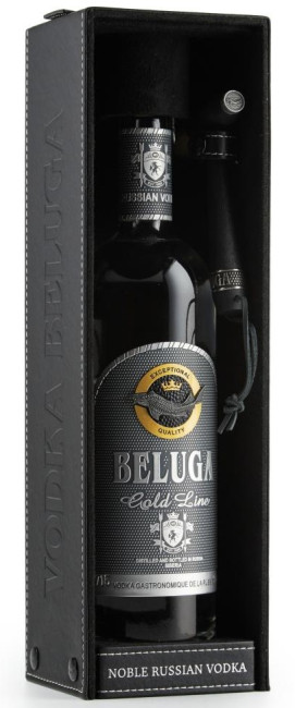 detail Vodka Beluga Gold Line 40% 1L v kožené krabici