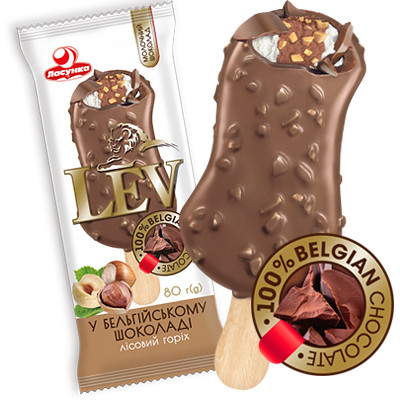 detail Zmrzlina v belgické cokoláde Lískový oríšek Lev 80g Lasunka