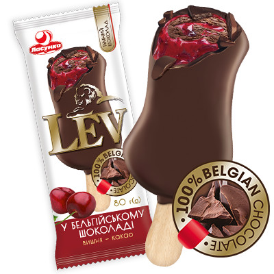 detail Zmrzlina v belgické cokoláde Višnovo-kakaová Lev 80g Lasunka