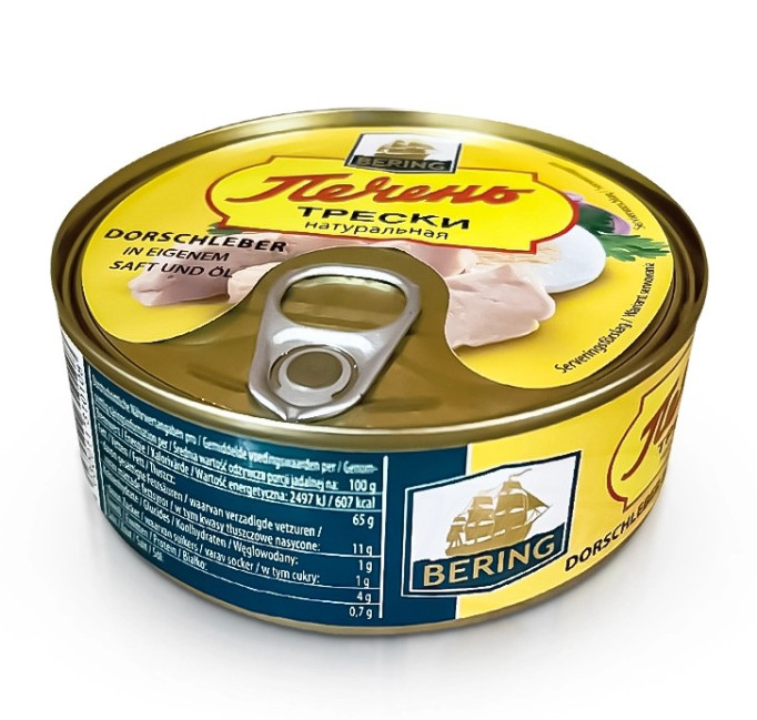 detail Tresčí játra ve vlastní štávě 230g Bering