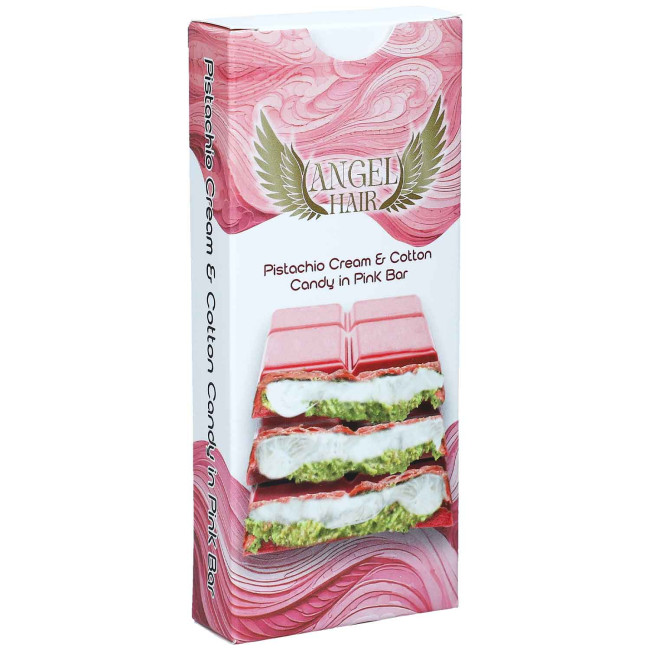 detail Růžová čokoláda s pistáciovým krémem a cukrovou vatou 80g Angel Hair