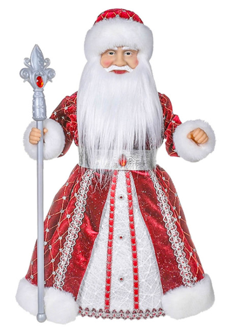 detail Figurka Děda Mráze v červeno-bílé se stříbrem, s oddělením na cukrovinky a dárky, 40 cm