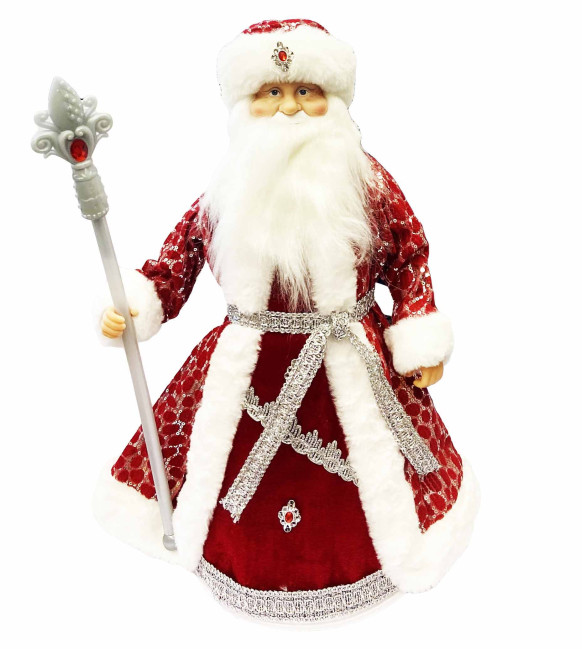 detail Figurka Děda Mráze v červeno-bílé se stříbrem, s oddělením na cukrovinky a dárky, 50 cm