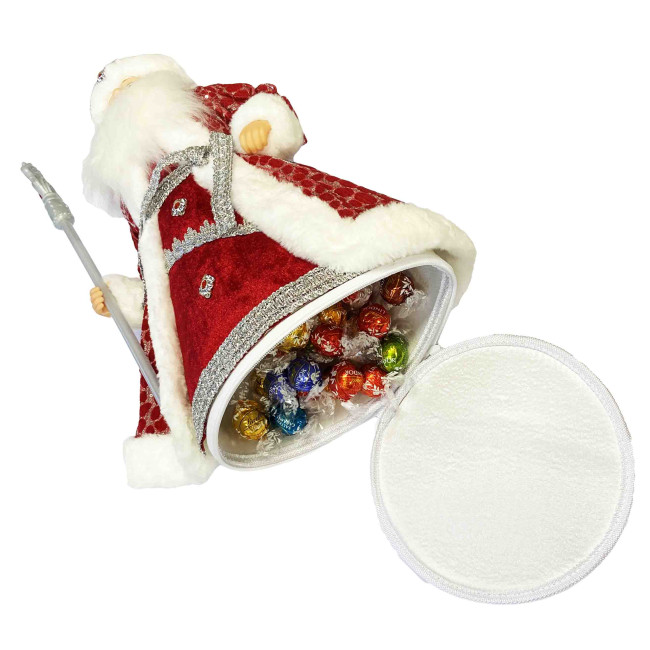 detail Figurka Děda Mráze v červeno-bílé se stříbrem, s oddělením na cukrovinky a dárky, 50 cm