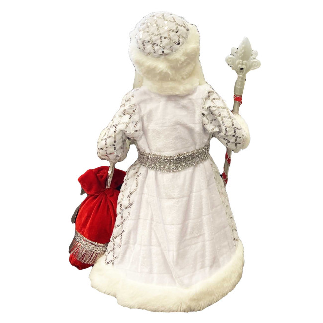 detail Figurka Děda Mráze v bílé se stříbrem a červenou kabelkou, s oddělením na cukrovinky a dárky, 40 cm
