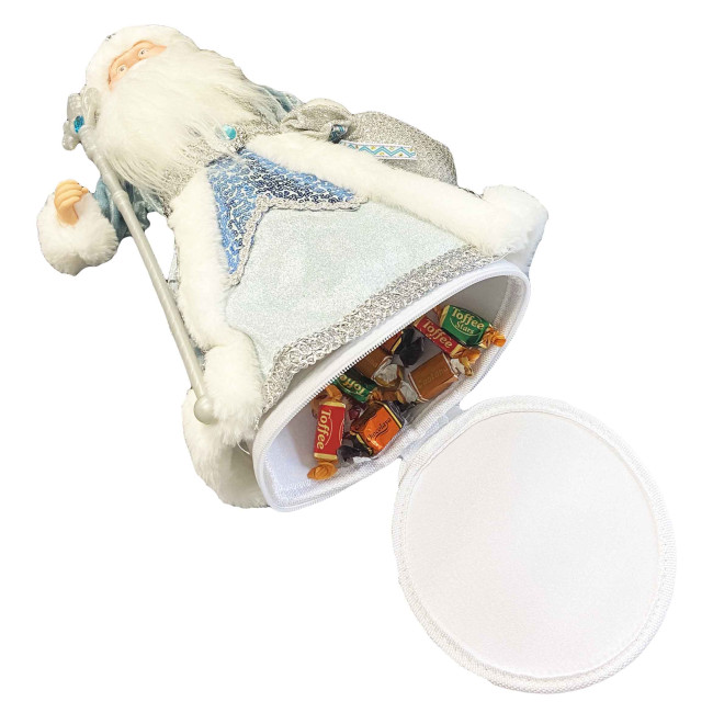 detail Figurka Děda Mráze v světle modo-bílé se stříbrem, s oddělením na cukrovinky a dárky, 40 cm