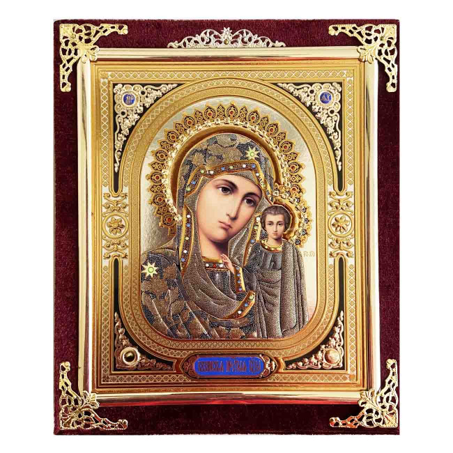 detail Ikona v sametu 15x18cm Kazanskaja (červený)