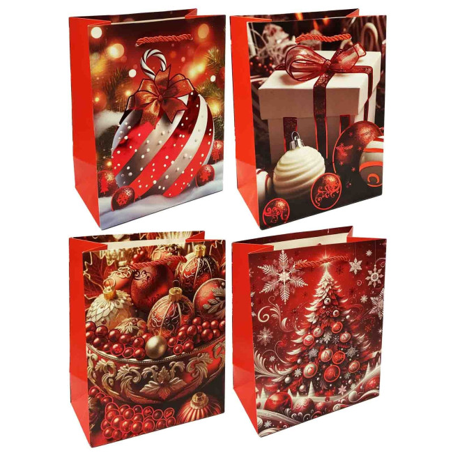 detail Dárková taška, „Stromeček, vánoční koule, dárek“, červené 23cm×18cm,