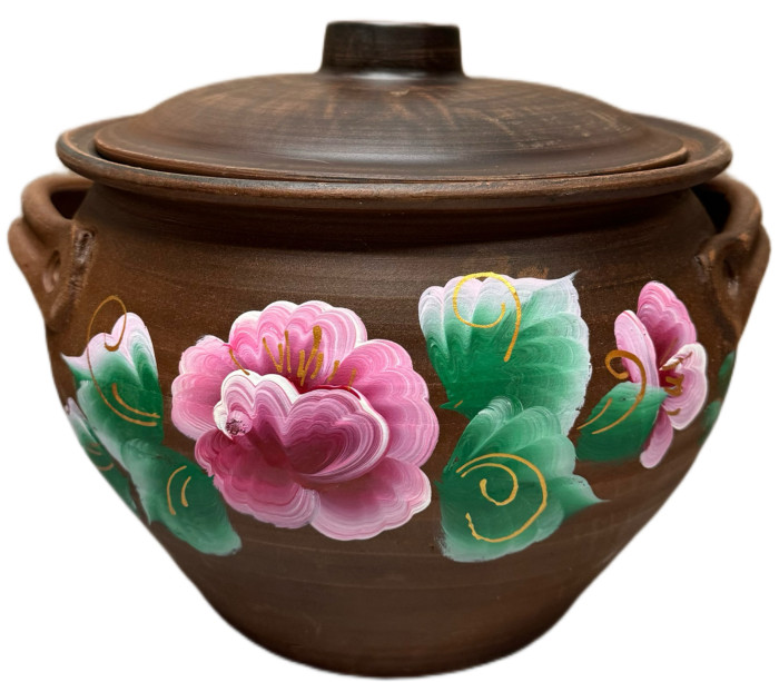 detail Keramický hrnec červena hlína 3,5L barevné květy kulatý