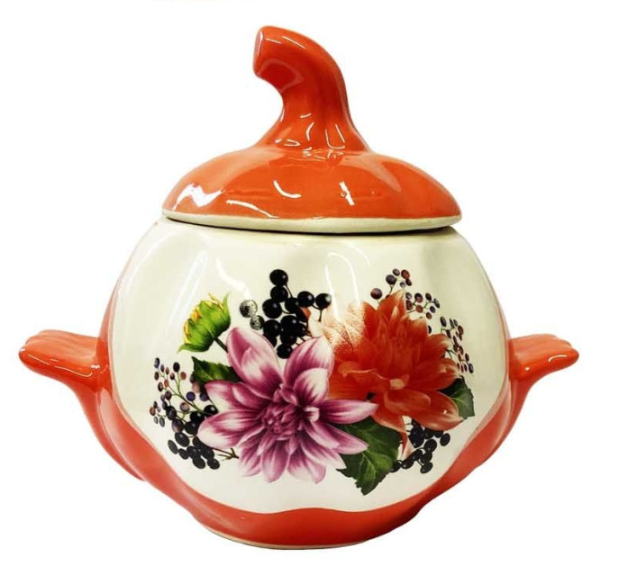 detail Keramický hrnec Modré a růžové květy 0,75l