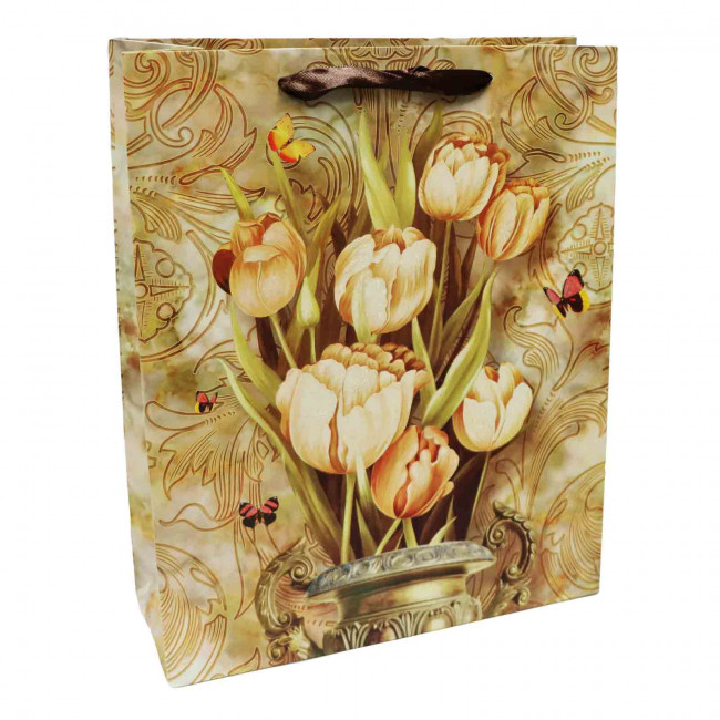 detail Dárková taška Zlatá s tulipany 26x33x11cm
