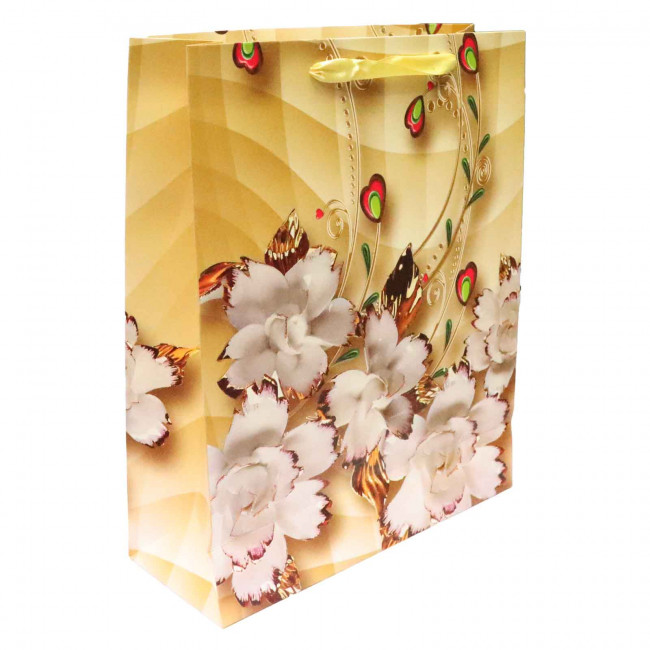 detail Dárková taška zlatá s bílé květiny 26x33x11cm
